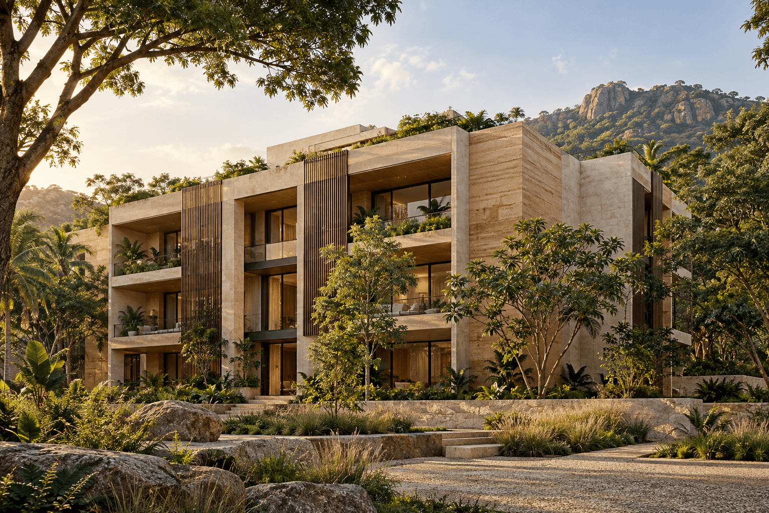 Architectural concept of a contemporary tropical courtyard development with limestone terraces and lush greenery